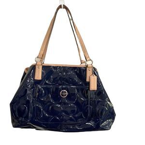 Coach Navy Signature Embossed Patent leather Shoulder Bag C1376-F25487
